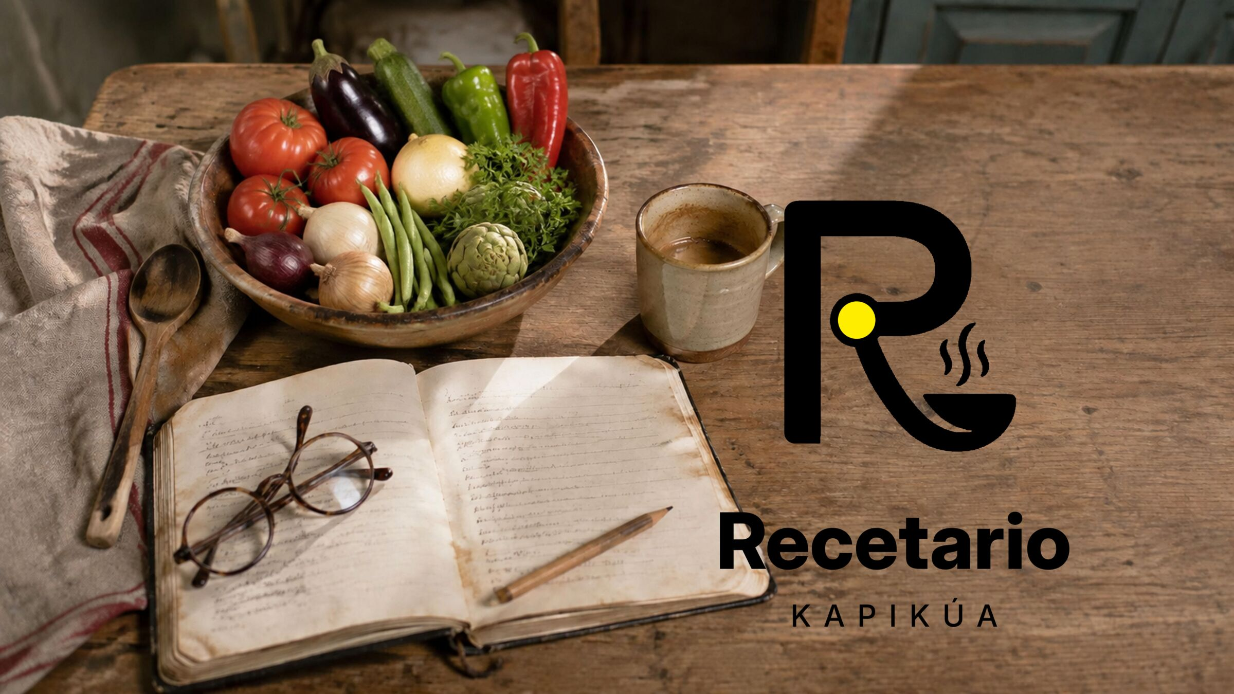 Cuaderno de recetas manuscrito sobre mesa de madera con hortalizas de huerta