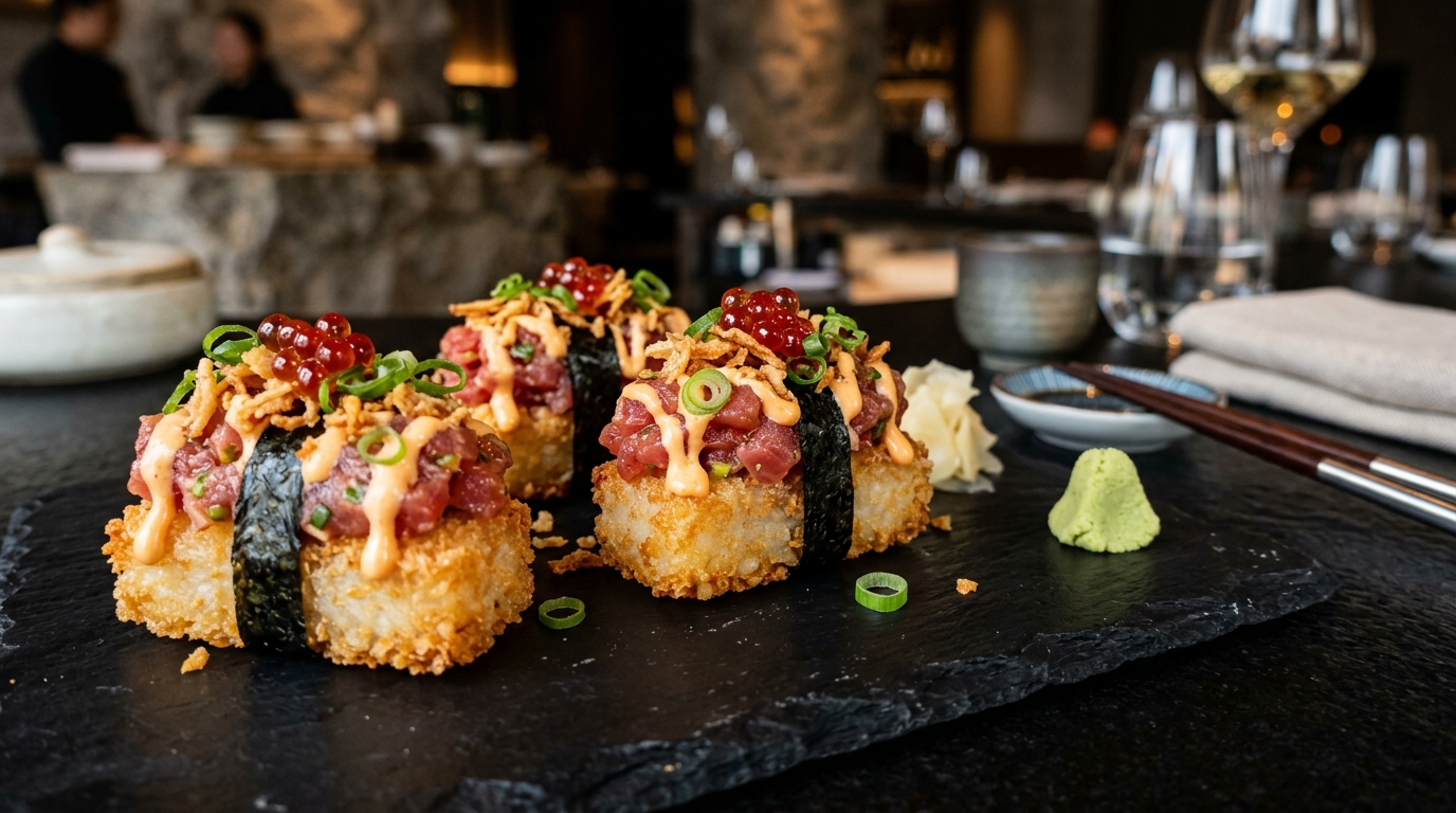 Bocados de Sakuri Sushi de atún sobre pizarra